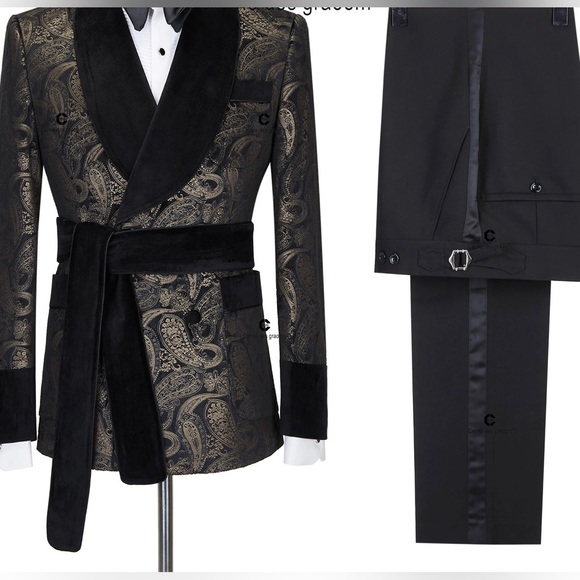 Men's Double Breasted Black Tuxedo, Gold Stoned